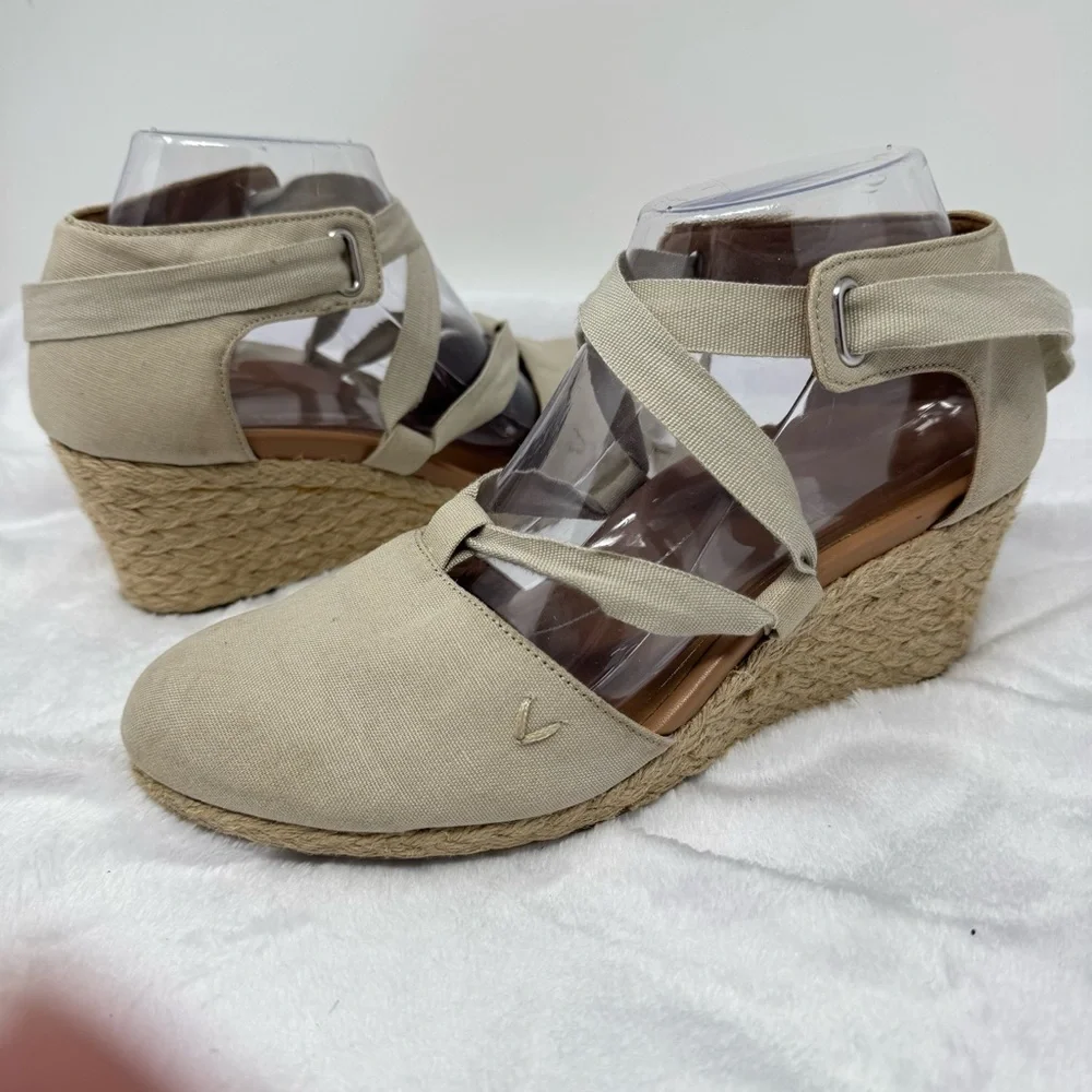 Vionic Kaitlyn Women's‎ Wedge Orthotic Sandal Oat Beige Canvas Size 8 Tie Strap